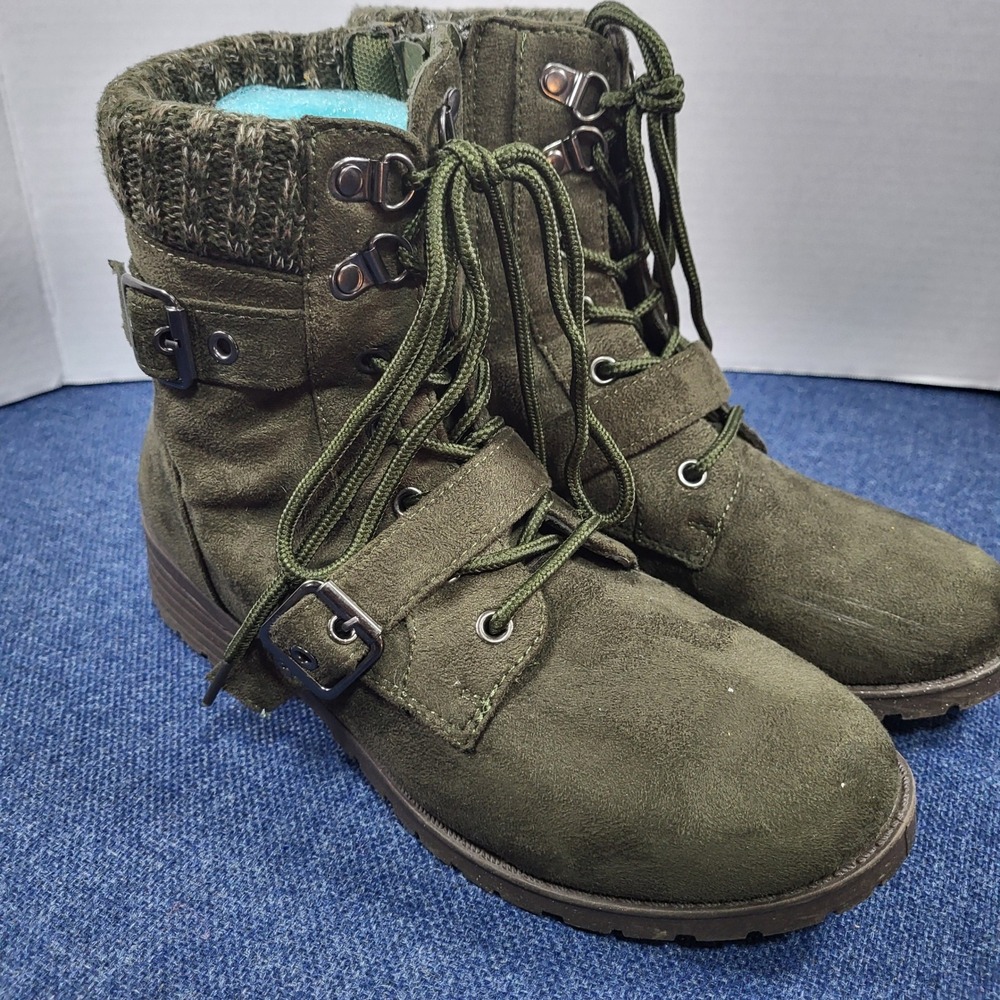 Olivia Kate Olive Green Suede Knit Cuff Lace Up Buckle Combat Boots Size 6.5
